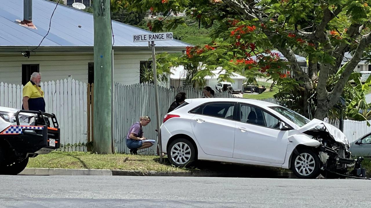 A two-vehicle accident on Rifle Range Rd and Ranson Rd in Gympie on Sunday left both cars on different kerbs with smashed bonnets – one almost hitting a fence on the corner. Picture: Scott Kovacevic