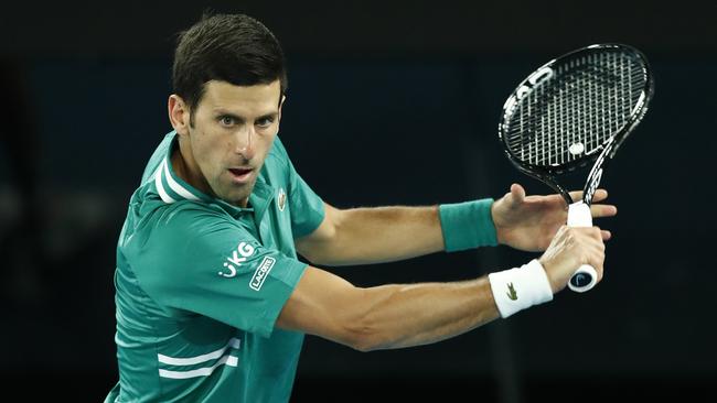 Serbia’s Novak Djokovic on his way to winning his first-round match against Frenchman Jeremy Chardy on Monday night. Picture: Getty Images