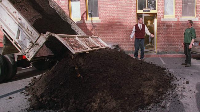 Offices of Richmond AFL Club at Punt Road got a rude awakening with a huge pile of manure delivered