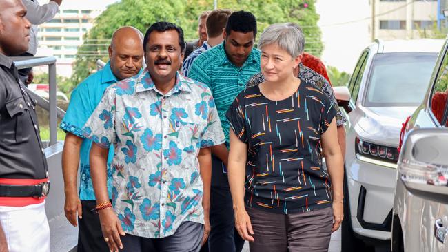 Foreign Minister Penny Wong with Fijian Employment Minister Praveen Bala in Suva. Picture: Getty Images