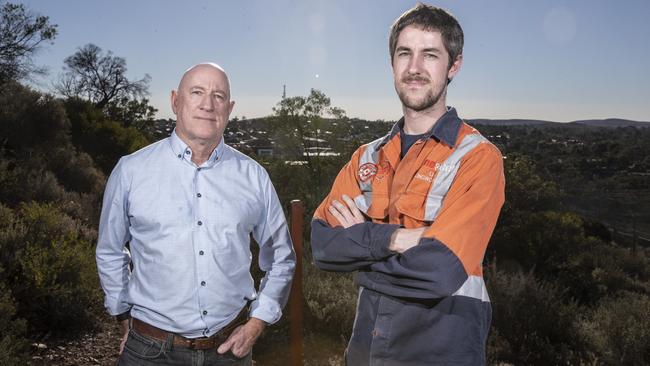 Eddie Hughes MP with his son Liam, who works for One Steel at Hummock Hill, Whyalla. Picture: Simon Cross