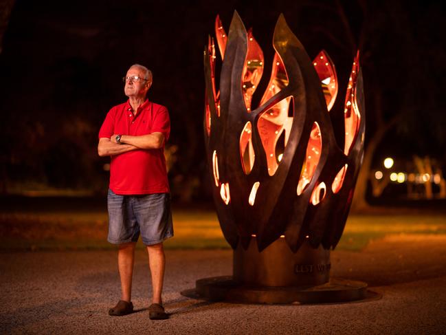 Former RSL President Don Milford with Darwin's new Eternal Flame on The Esplanade. Picture: Che Chorley