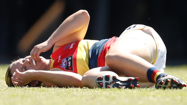 Courtney Cramey after being concussed in the clash against Collingwood.