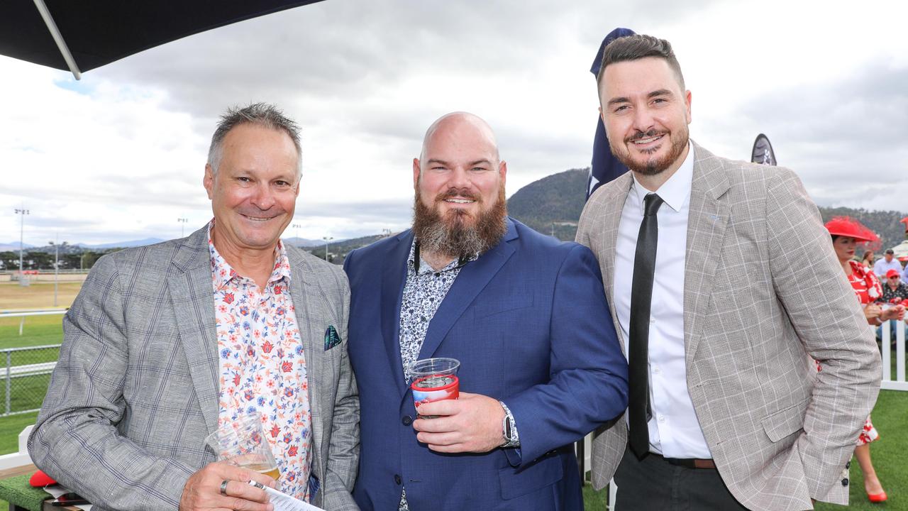 Darren Fraser, Rhys Duggan and Mitch McPherson at the Hobart Cup Day. Picture : Mireille Merlet
