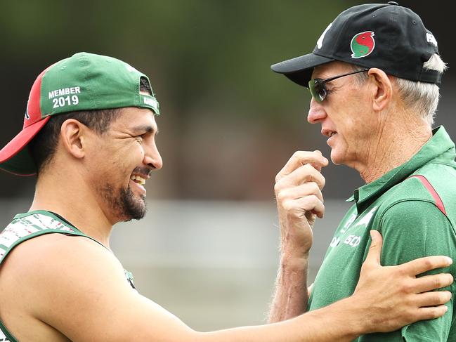 SYDNEY, AUSTRALIA - DECEMBER 04: Cody Walker speaks to New South Sydney Rabbitohs Coach Wayne Bennett on during a Sydney Rabbitohs training session at Redfern Oval at Redfern Oval on December 4, 2018 in Sydney, Australia. (Photo by Mark Kolbe/Getty Images)