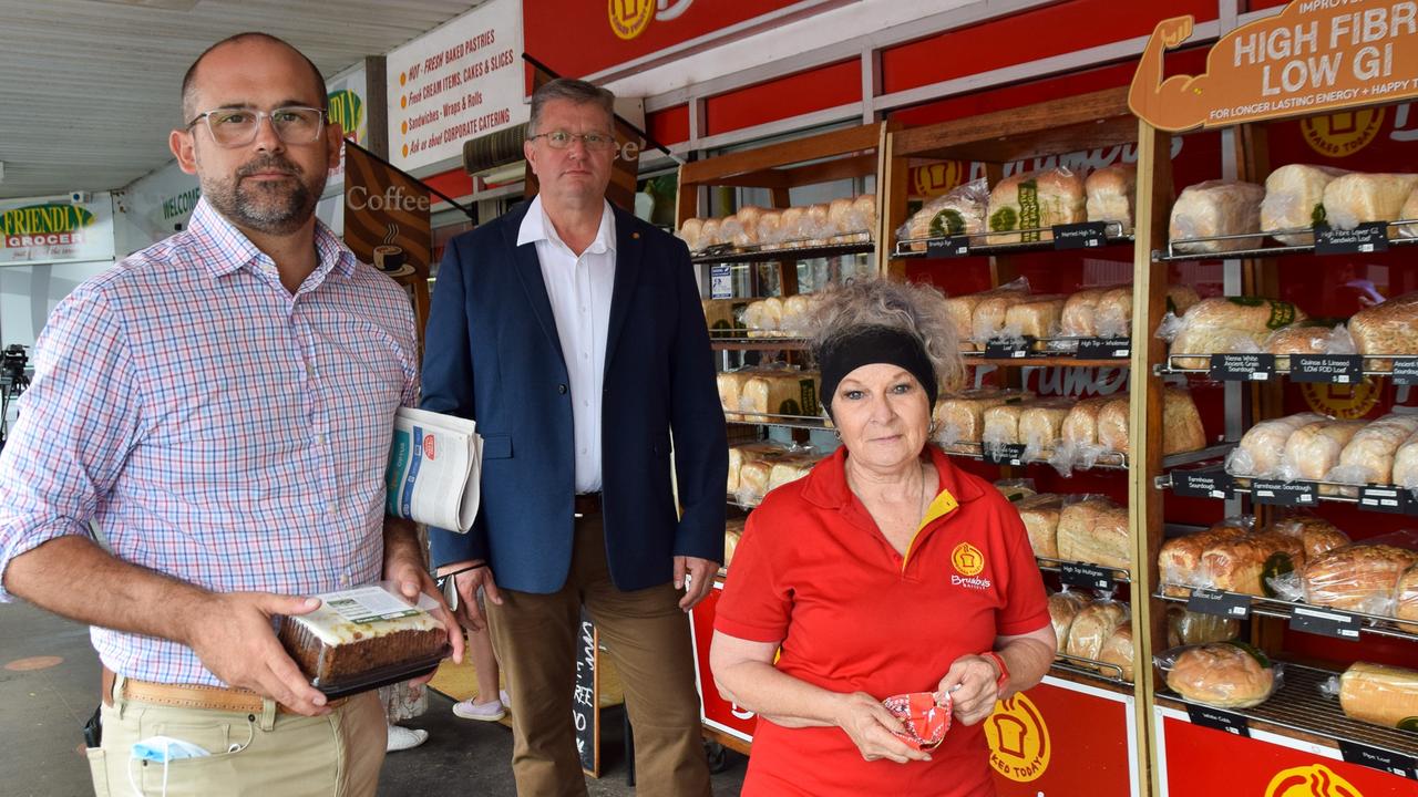 Toowoomba South MP David Janetzki, Toowoomba North MP Trevor Watts and Brumby's Wyalla Plaza owner Denise Statham.