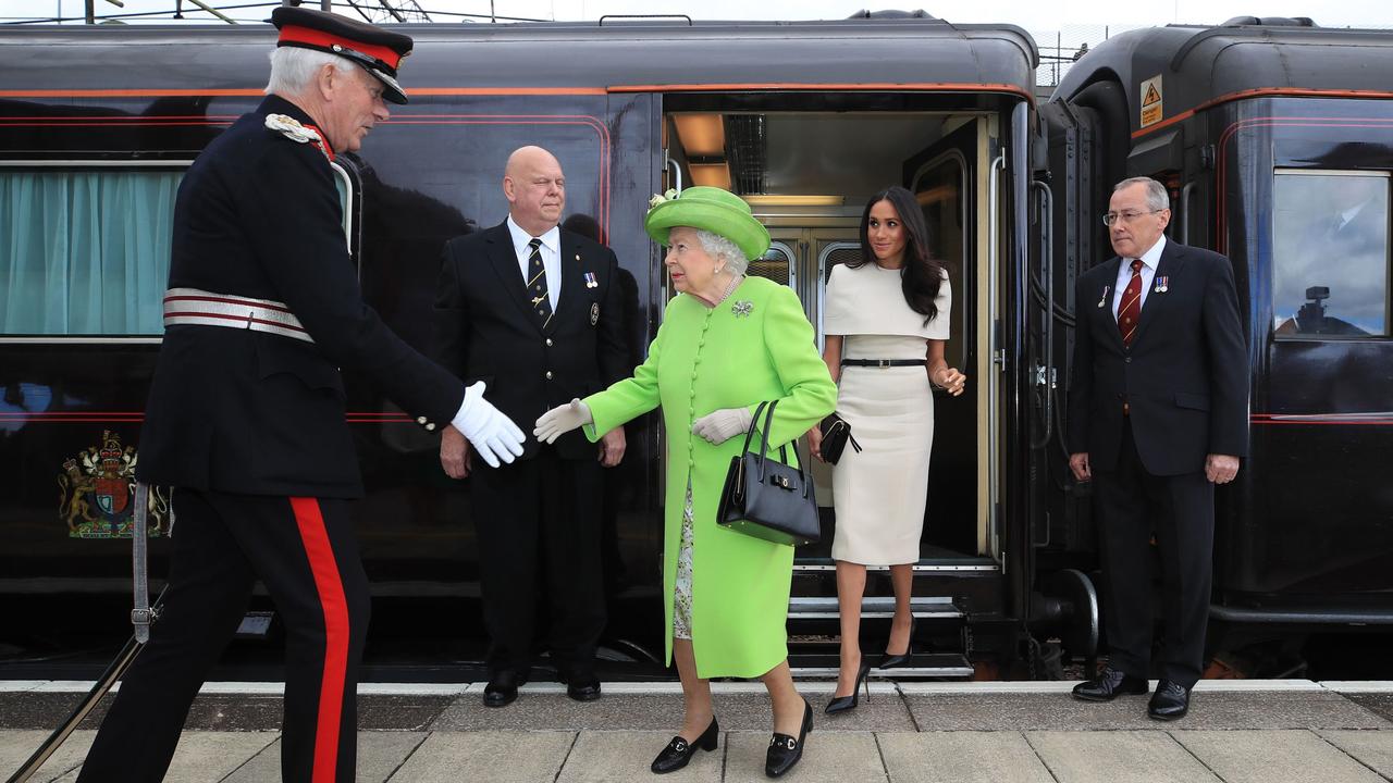 The Queen arrives with Meghan Markle, Duchess of Sussex by Royal Train at Runcorn Station to carry out engagements in Cheshire on June 14, 2018. Picture: Peter Byrne/AFP