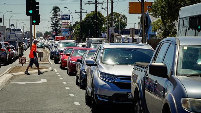 Looking north down South Road, where traffic is banked up. Picture: Mike Burton