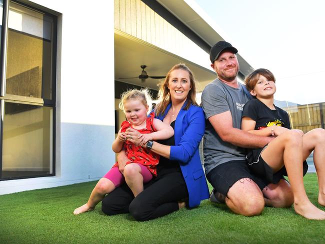 Belinda and Wilson and her family, Ben, Iaasc, 8, and Charlotte, 2, moved to the Sunny Coast from Melbourne. She said they specifically moved as they wanted a better lifestyle for their kids. Her son rides to school, something she would never allow in Melbourne. Picture: Patrick Woods.