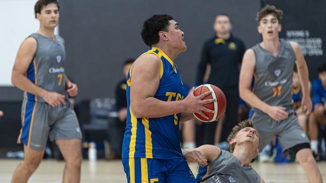 Keahn Tuakura draws a foul for Toowoomba Grammar School 1st V against Churchie 1st V in Round 4 GPS basketball at Toowoomba Grammar School, Saturday, August 3, 2024. Picture: Kevin Farmer