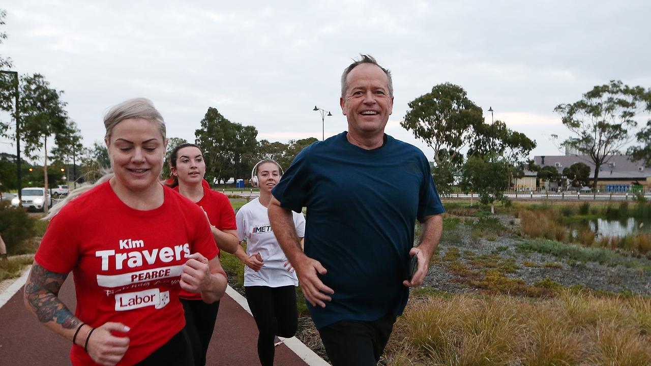 Opposition Leader Bill Shorten doing a morning run around Swan River in Perth. Picture Kym Smith