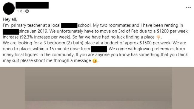 A Sydney teacher has revealed the depth of the rental crisis after he was forced to move because of an eye-watering rental increase. Picture: Facebook/Supplied.