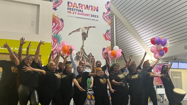 Three-time Grammy Award winner Soweto Gospel Choir performing at the Darwin International Airport in promotion of the Darwin Festival.