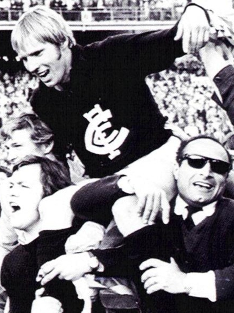 Ted Hopkins is chaired off the ground after the 1970 VFL Grand Final.