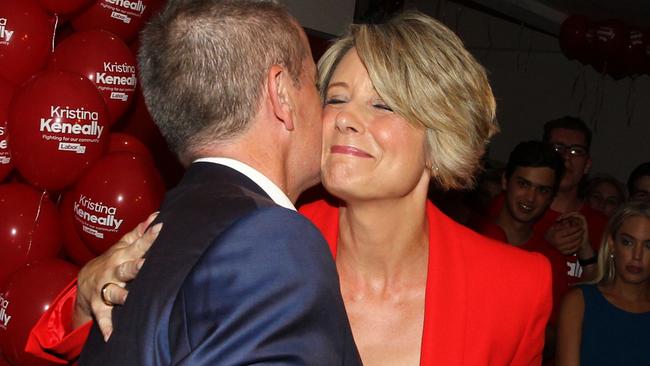 Labor's candidate Kristina Keneally embraces Labor leader Bill Shorten. Picture: AAP Image/Ben Rushton