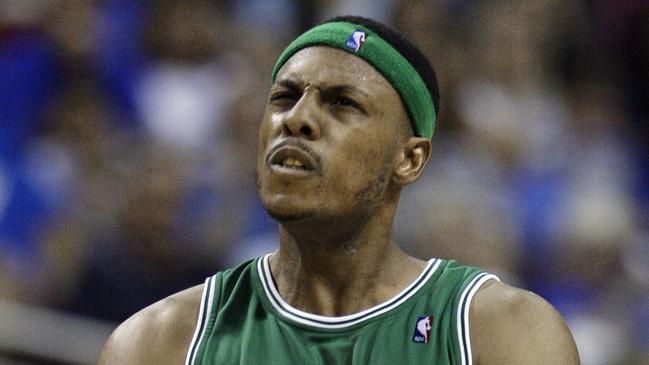 Paul Pierce reacts to teammate Allen sinking a 3-point shot during Game 1 of Orlando Magic v Boston Celtics NBA Eastern Conference finals in Orlando, Florida, 16/05/2010.