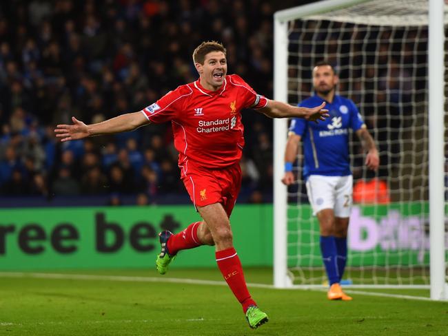 Steven Gerrard of Liverpool celebrates after scoring his team's second goal at Leicester.