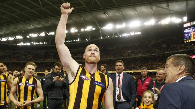 Jarryd Roughead gives Hawthorn fans a thumbs up after his last game. Picture: AAP Image/Daniel Pockett.