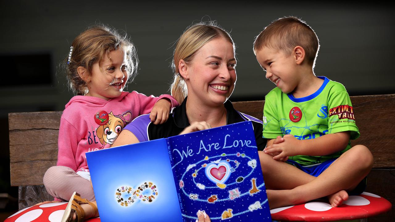 Neve Warren 4, with educator Chelsea Scott and Boston McMahon, 4, at Amaze Early Education Centre in Gaven. Picture: Adam Head