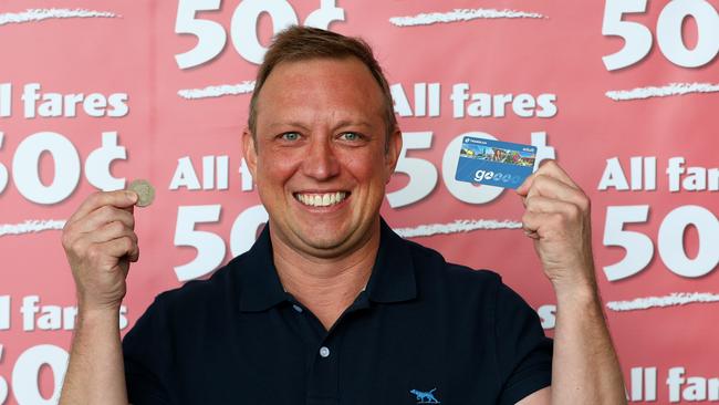 Premier Steven Miles announces 50 cent fares on public transport. Picture: David Clark