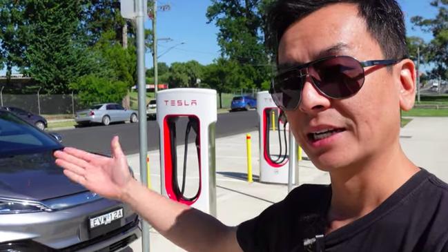 'Tesla Tom' on Australian YouTube channel Ludicrous Feed, charging a BYD electric car at a Tesla site. Picture: YouTube.