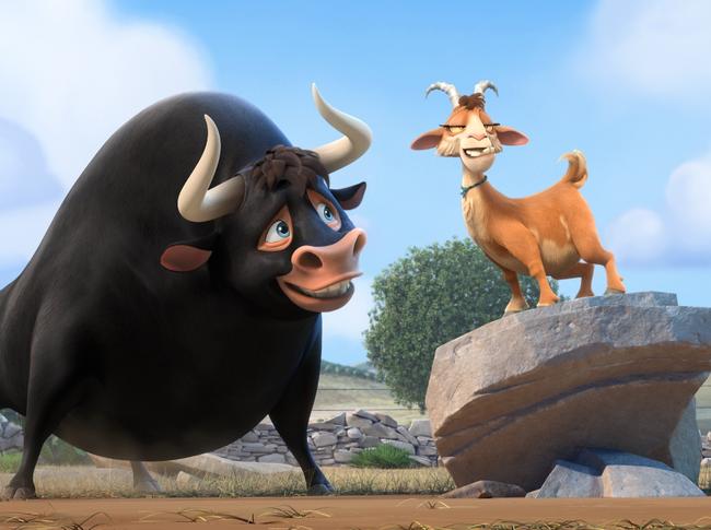 Scene from animated film FerdinandJohn Cena is the voice of Ferdinand the bull and Kate McKinnon voices Lupe the goat