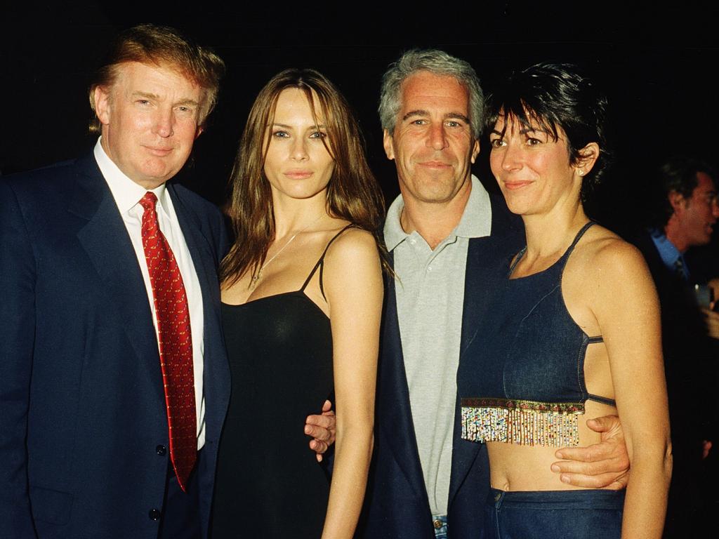 Donald Trump, pictured with Jeffrey Epstein and their partners Melania Trump and Ghislaine Maxwell, said he’s “fortunate” he never went to the paedophile’s island. Picture: Getty Images