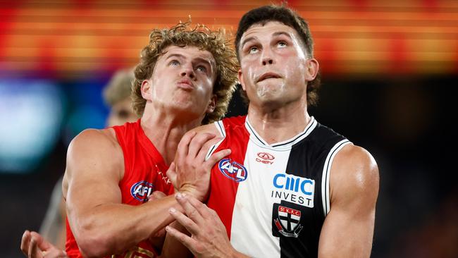 MELBOURNE, AUSTRALIA - JUNE 08: Jed Walter of the Suns and Rowan Marshall of the Saints compete for the ball during the 2024 AFL Round 13 match between the St Kilda Saints and the Gold Coast SUNS at Marvel Stadium on June 08, 2024 in Melbourne, Australia. (Photo by Michael Willson/AFL Photos via Getty Images)