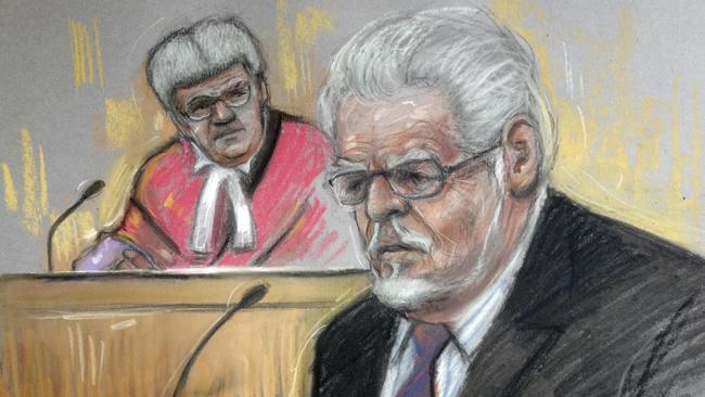 A sketch of Rolf Harris in the dock at Southwark Crown Court, London, in 2014. Picture: Elizabeth Cook