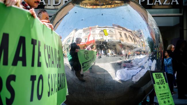 Protesters on the ground near the Malls Balls. Picture: AAP Image/ Morgan Sette