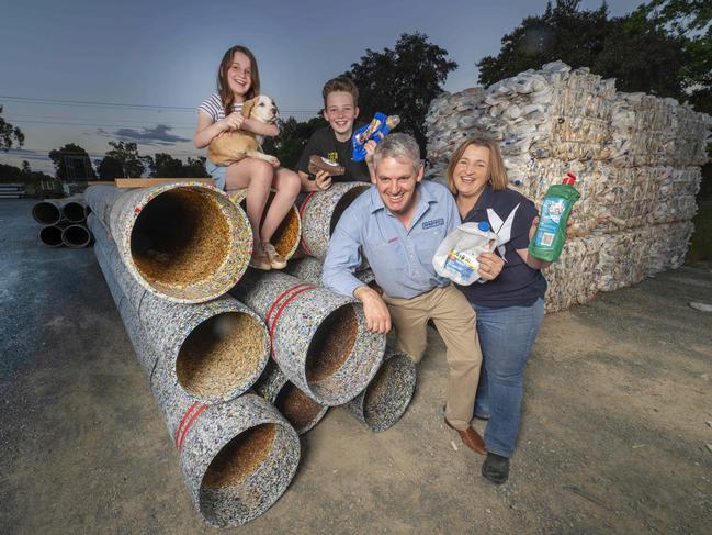 Lancaster family-owned manufacturer RPM Pipes received a Coles Nurture Fund grant for its 100 per cent recycled plastic pipes. Managing director Terry Kay with wife Lauren and children Bryce and Lara are pictured with the “bales” of rigid plastic waste used to make the company’s revolutionary pipes. Picture: Rob Leeson.