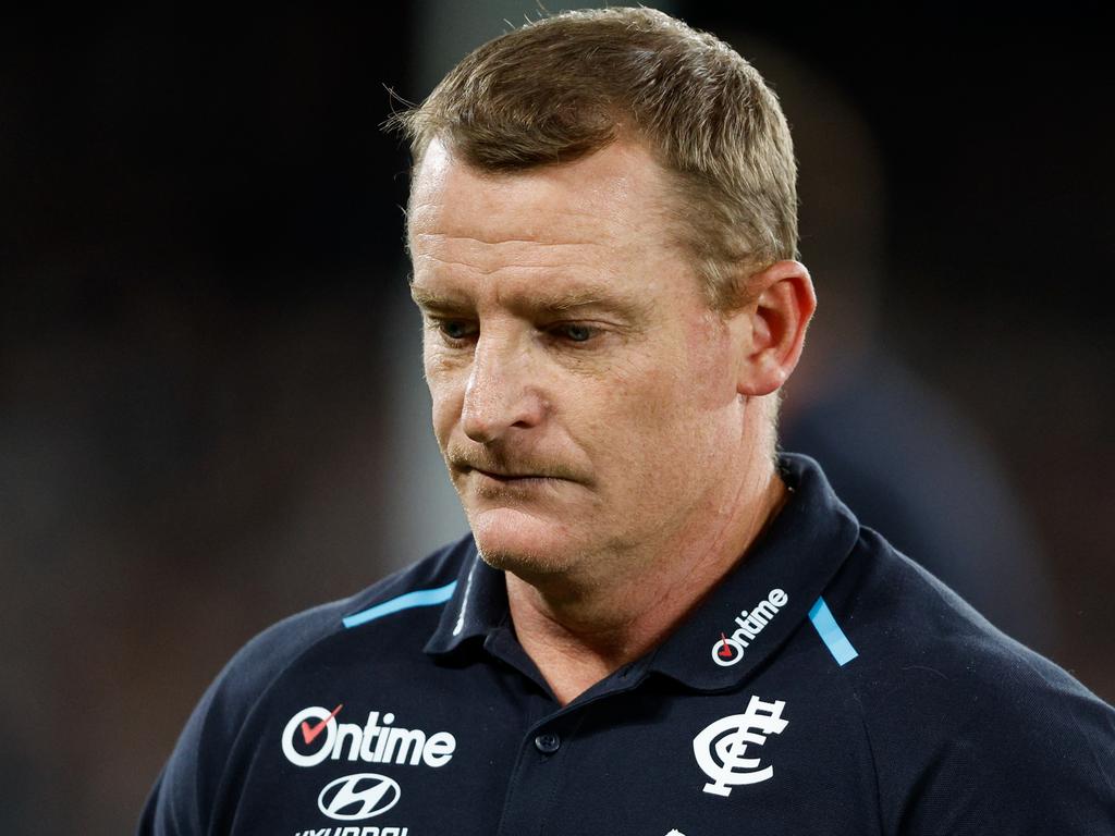 MELBOURNE, AUSTRALIA – APRIL 13: Michael Voss, Senior Coach of the Blues is seen during the 2024 AFL Round 05 match between the Carlton Blues and the Adelaide Crows at Marvel Stadium on April 13, 2024 in Melbourne, Australia. (Photo by Dylan Burns/AFL Photos via Getty Images)