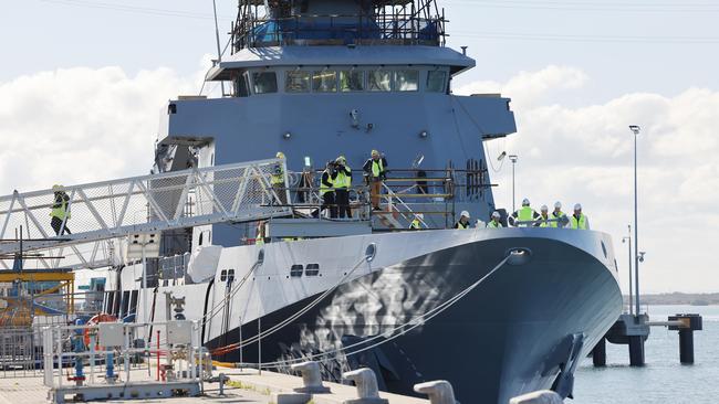 The Offshore Patrol Vessel, NUSHIP Arafura, at the Osborne Naval Shipyard, Adelaide. Picture: NCA NewsWire/David Mariuz