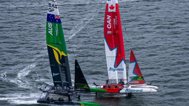 Australia and Canada narrowly avoided a disastrous crash on Day 1 of SailGP San Francisco. Photo: Bob Martin for SailGP.