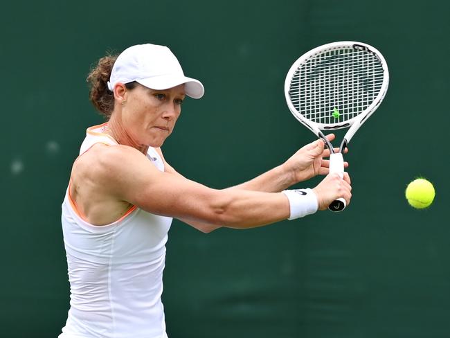 Sam Stosur plays a backhand during her first-round loss to American Shelby Rogers. Picture: Getty Images