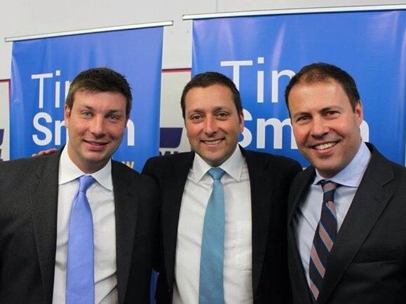 Liberal politician Tim Smith with Liberal politicians Matthew Guy and Josh Frydenberg