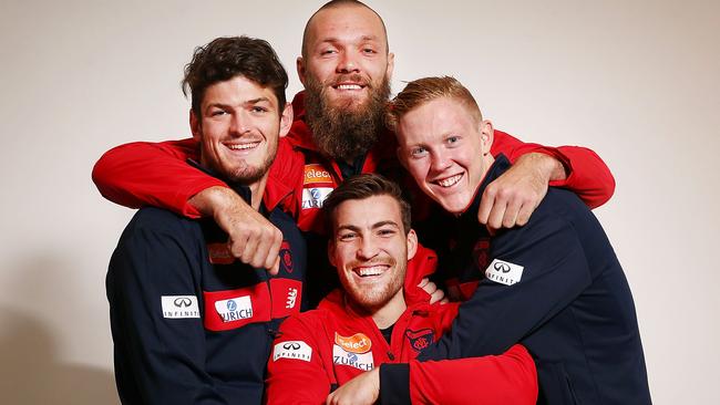 Last year they were all smiles, but this year Max Gawn, Angus Brayshaw, Jack Viney and Clayton Oliver’s Dees are struggling. Pic: Getty Images