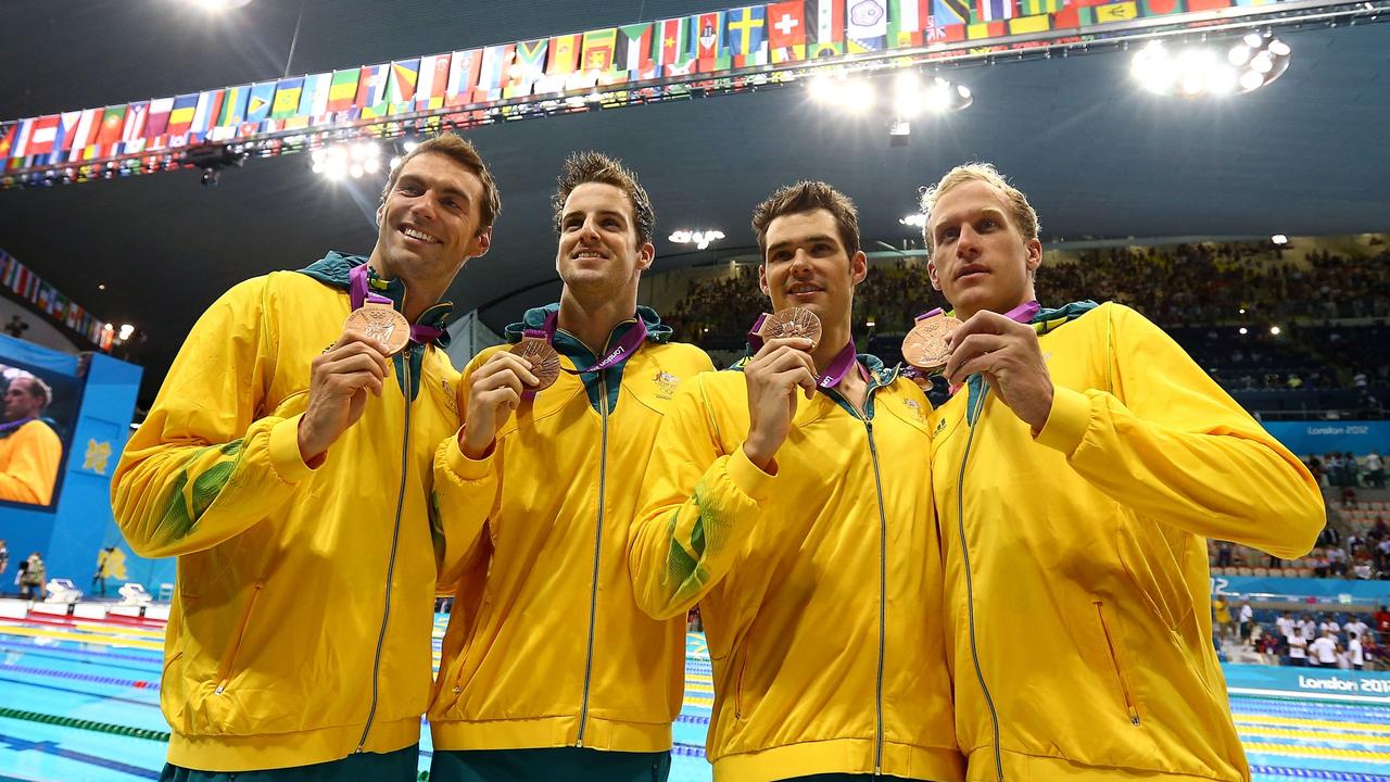 Men’s 4x100m bronze medallists (L-R) Christian Sprenger, James Magnussen, Matt Targett, and Hayden Stoeckel at the London 2012 Olympic Games. (Photo by Al Bello/Getty Images)