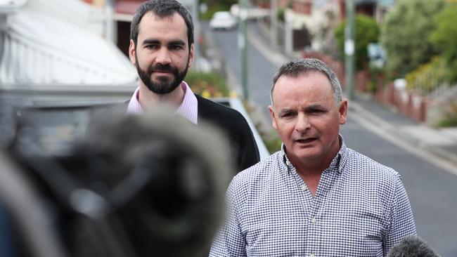 Labor MP David O'Byrne discusses compulsory voting in local government elections. Pictured standing alongside Labor endorsed Hobart Council candidate Stephen McCallum (left). Picture: LUKE BOWDEN