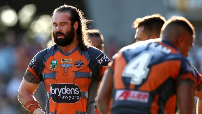 Tigers captain Aaron Woods shows his disappointment after a Storm try. Picture: Gregg Porteous