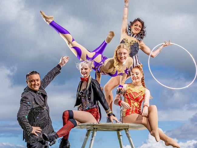 CIRCUS ROYALE Damian Syred and some of the fabulous performers who are in Circus Royale. L to R Suzi Inverarity, Olivia barker (contortion), Cassie Millard (hoops), Olivia Chircop red costume and hair and Damian Syred.For the very first time in its 52-year history, Circus Royale is coming to St Kilda waterfront, under the mighty state-of-the-art Big Top this school holiday season playing from Friday 31 March to Sunday 30 April. Picture: Tim Carrafa