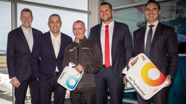 State government ministers Joe Szakacs and Tom Koutsantonis with Paddy Lowe, founder and CEO of Zero Petroleum, Brenton Cox, managing director of Adelaide Airport, and Allan Sommerville, Qantas regional manager at Adelaide Airport. Picture: Emma Brasier