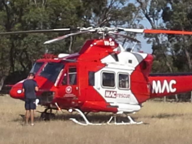 FIRST ON SCENE MEDIA  - Medstar Helicopter Grounded by Goat - AN ANGRY goat has grounded the Motor Accident Commission helicopter by ramming it after it landed in a field during a rescue.The chopper was responding to a car crash on Upper Penny Hills Rd, Onkaparinga Hills, just after 1.15pm on Monday when it landed in a nearby field — to the dislike of a flock of goats.An SA Ambulance Service spokeswoman said the goat had rammed the helicopter and damaged a window.The injured car driver, who hit a tree, was taken by ambulance to Flinders Medical Centre where he remains in a serious but stable condition.The chopper — which is part of a fleet including two other helicopters, fixed-wing planes and many all terrain vehicles — was temporarily grounded while it was repaired before taking off. FEE APPLIES and MUST CREDIT FIRST ON SCENE MEDIA $$$