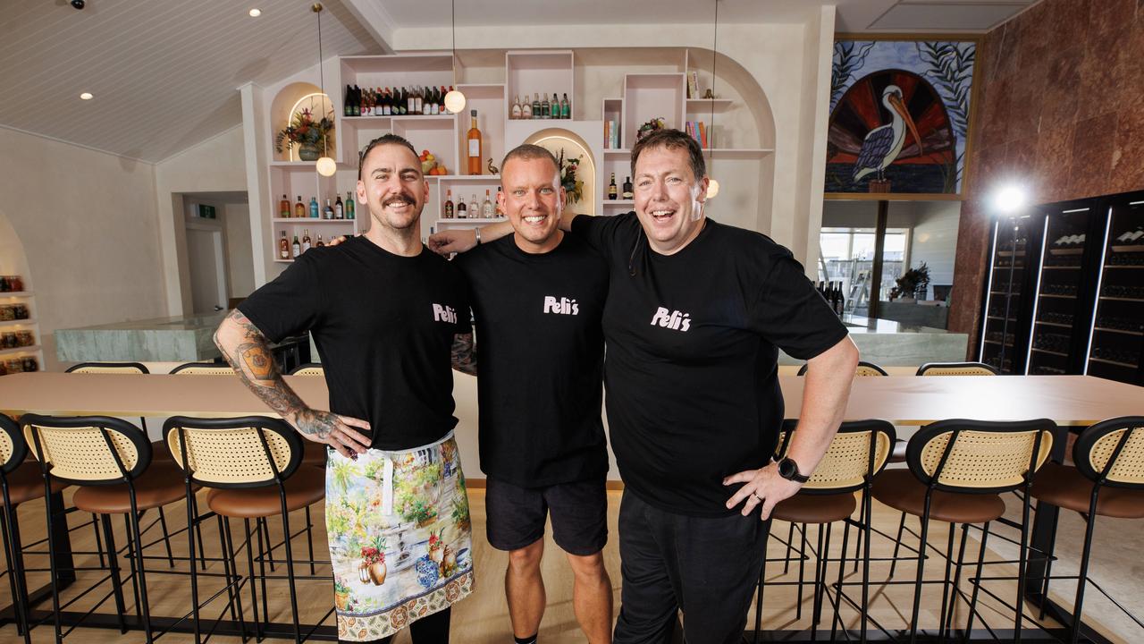 Jeremiah Jones, Matt Sinclair and Michael Rickard at their new restaurant Peli’s Noosa. Picture: Lachie Millard