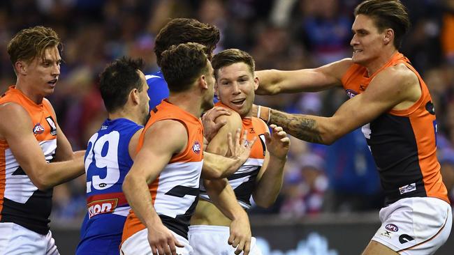 Bulldogs players remonstrate with Greene. Picture: Getty Images