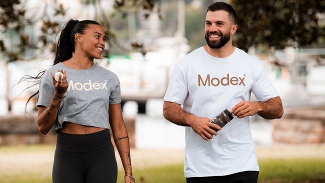 James Tedesco with Morgan Mitchell promoting this latest venture, Modex. Picture: Supplied