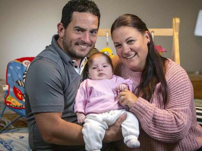 ADELAIDE, AUSTRALIA - Advertiser Photos JUNE 9, 2022:  Helen, 39, and Michael Gower with baby Logan, 12 weeks, after 18 months on IVF at home in Sheidow Park, SA. Picture Emma Brasier