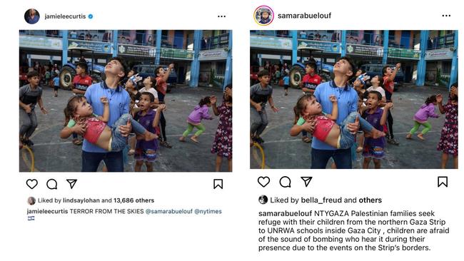 Actor Jamie Lee Curtis makes post in support of Israel with photo of Palestinian children, as specified by the freelance photographer Samar Abu Elouf.