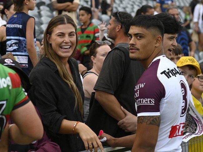 Sydney Roosters' NRLW star Jessica Sergis and Manly's Tommy Talau after the Sea Eagles' trial against Souths. NRL Imagery