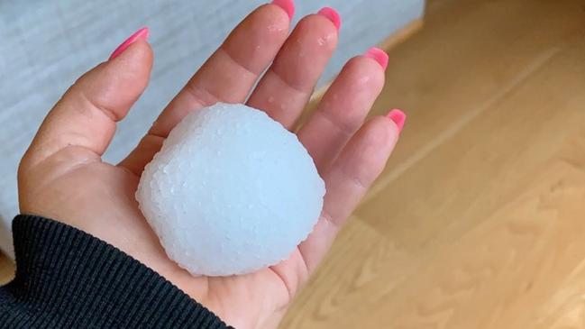 A Twitter image of a hailstone in Melbournes East. Picture: @m_popps